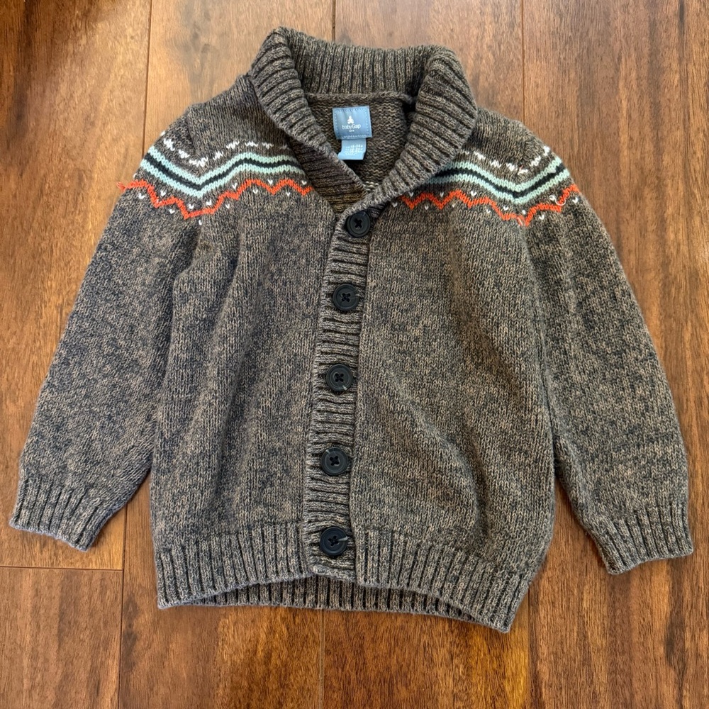 babyGap Grandpa Cardigan Boys 18–24M Fair Isle Shawl Collar Sweater Cozy